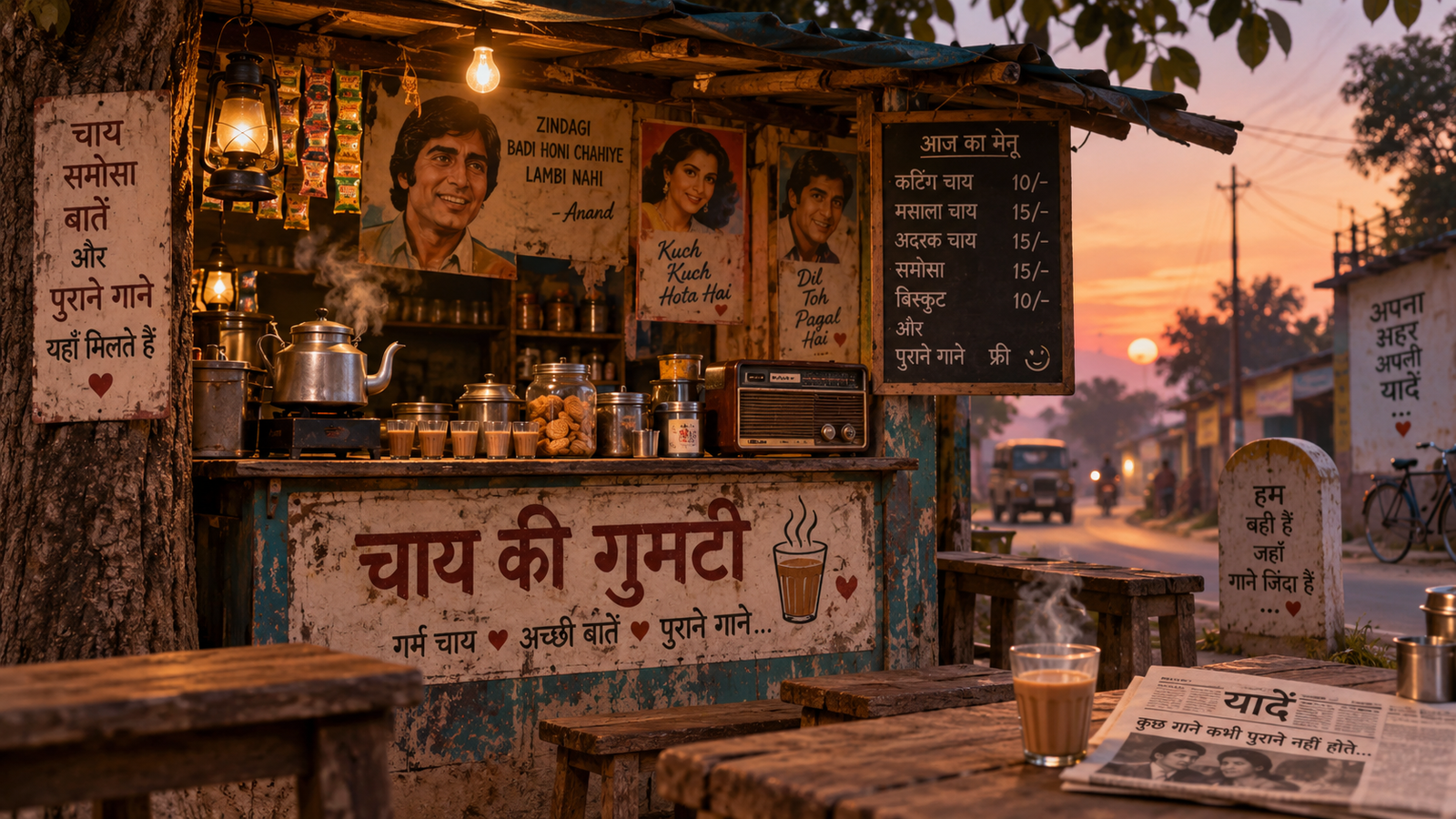 Ek chhote sheher ki chai ki gumti — lakdi ka counter, kettle, purane film poster, aur ek vintage radio, shaam ki roshni mein.